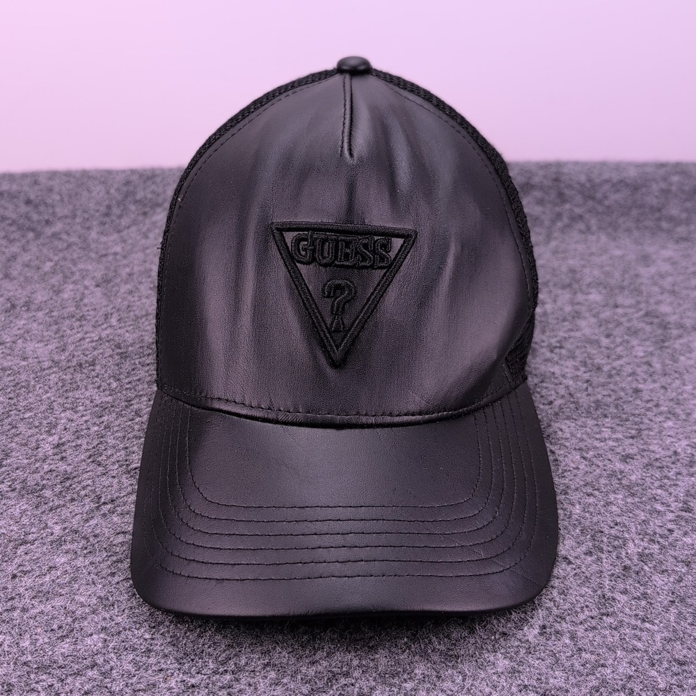 Guess Trucker Hat Mens O/S Black Faux Leather Mesh Snapback Logo HWR-67531S